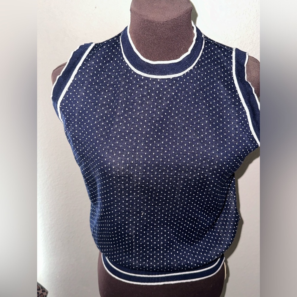 Sleeveless Navy Knit Tank with White Trim